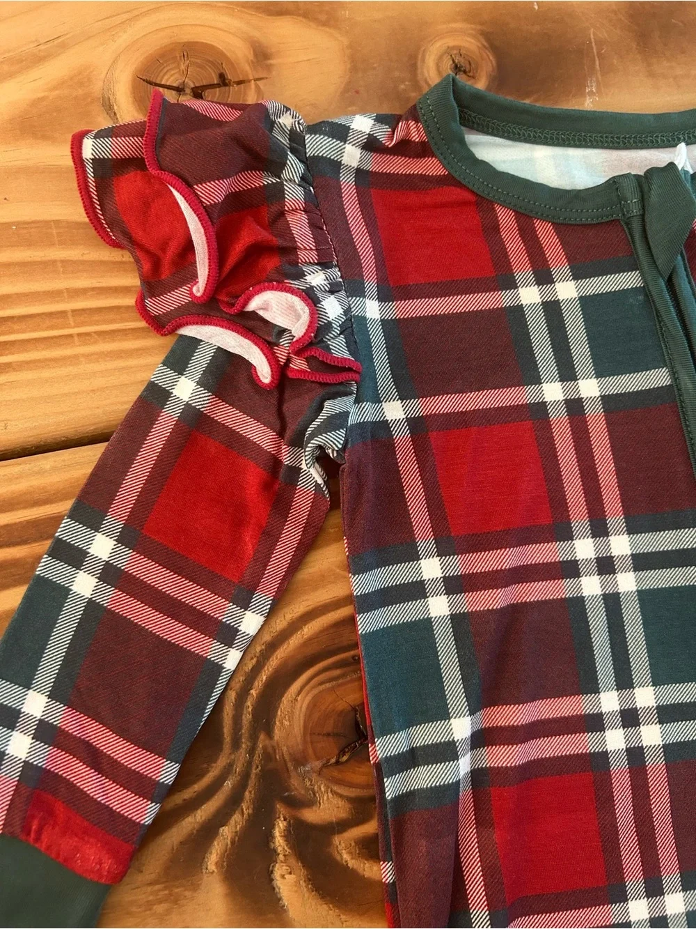 Family Plaid Zippered Kids One-Piece in Red and Green - Holiday Sleepwear